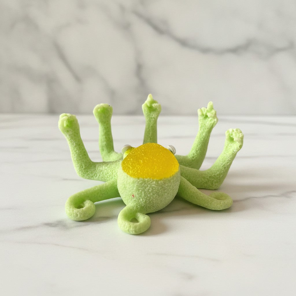 Back view of a Novelty octopus figurine with light green skin and yellow head with googly eyes, posed with arms and a middle finger pointing upwards, on a white marble table against a marble wall.