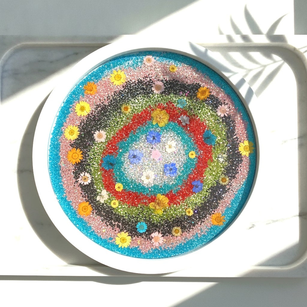 47 cm White Resin Folding Table Handmade Glitter Floral Boho Design