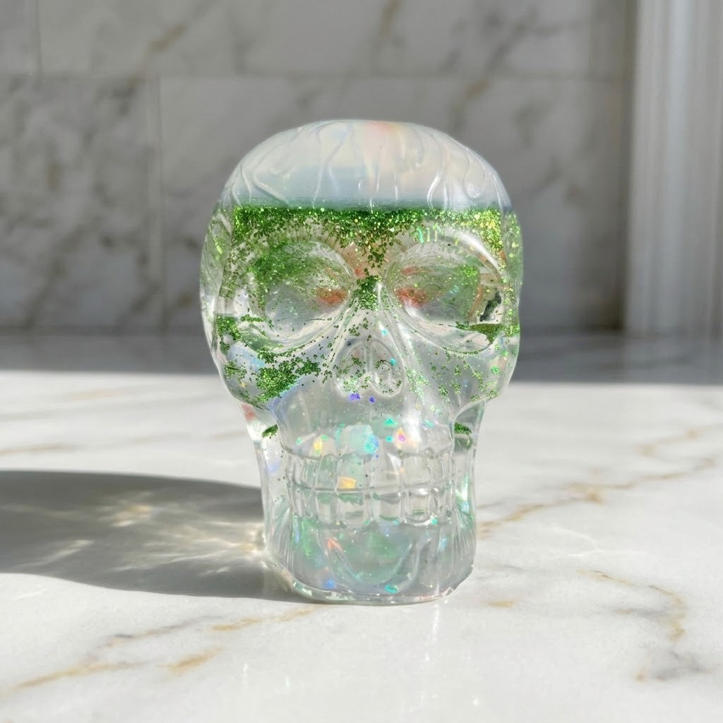 Novelty Shaker Skull figurine in resin with glittering green water ball, adding playful intrigue to home decor.