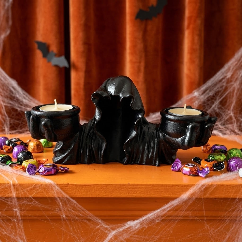 Grim Reaper Candle Holder with two cup-shaped hands holding tealight candles, displayed on an orange surface with Halloween decorations including spiderwebs, candy, and bat cut-outs.