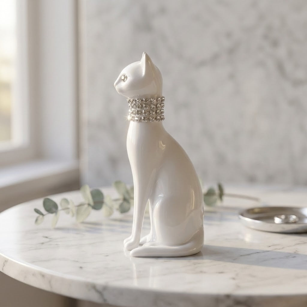 3D Printed Cat Figurine - Side view of a white cat figurine wearing a rhinestone-studded collar, sitting on a white marble table with a soft-focus marble wall and window in the background.