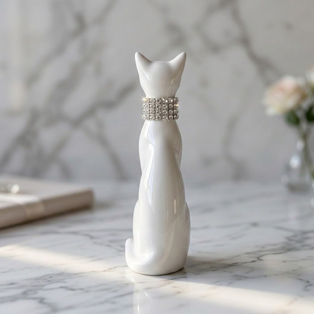 3D Printed Cat Figurine - Back view of a glossy white cat figurine sitting on a marble surface, wearing a silver rhinestone-studded collar, with a softly blurred marble wall and flowers in the background.