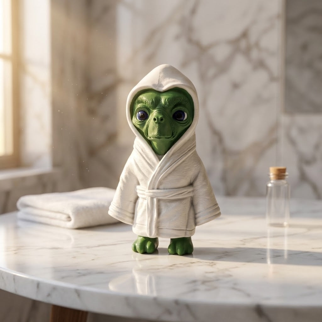 ET Alien Figurine - A green alien figurine wearing a white hooded robe stands on a marble bathroom counter with a folded towel and a small bottle nearby.