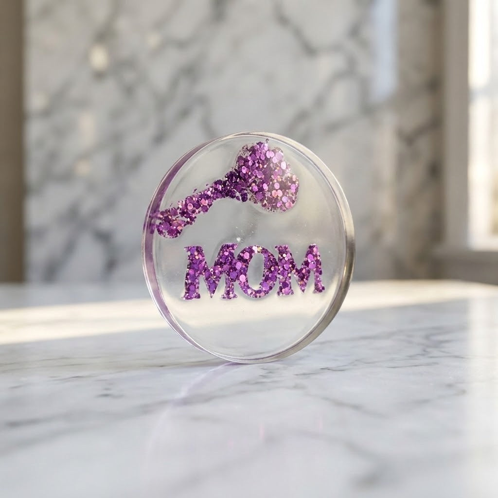 Handmade MOM Coaster - A round clear resin coaster featuring a purple glitter key and the word 'MOM' in purple glitter, displayed on a white marble surface with a blurred marble background.
