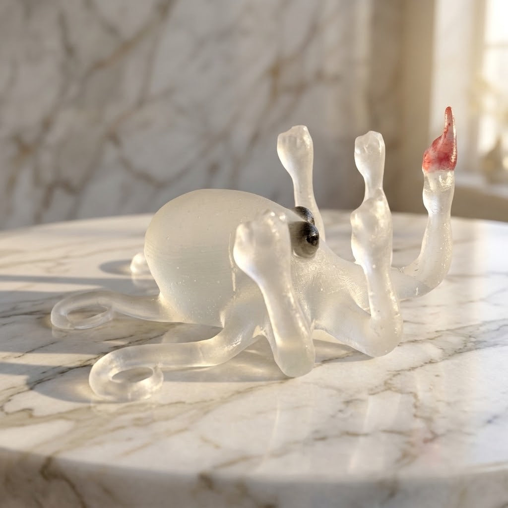 Novelty Octopus Figurine - Side view of a translucent resin octopus figurine with a small red finger pointing upwards, resting on a white marble surface with a marble wall background.