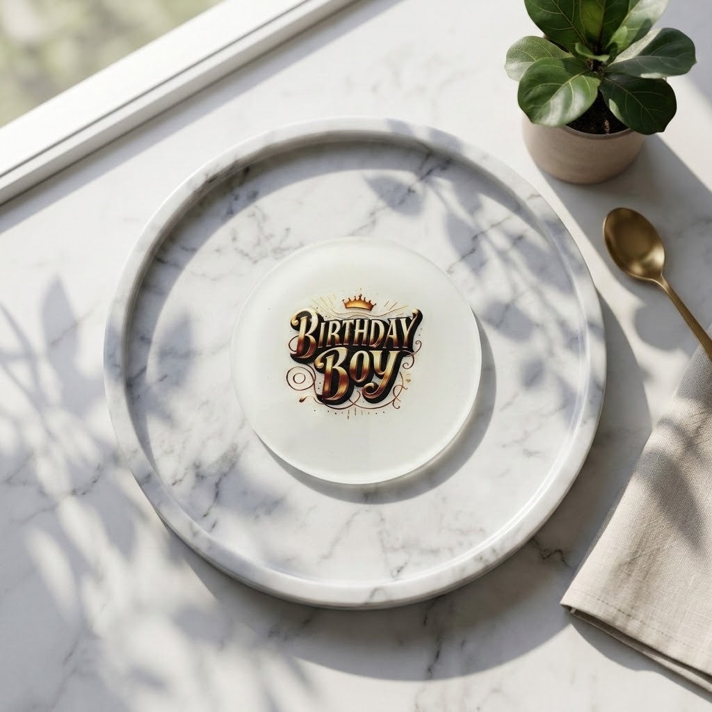 Birthday Boy Coasters - A round white marble plate with a smaller white centre resin coaster printed with 'Birthday Boy' in stylized brown and gold lettering, styled on a white marble surface with a gold spoon, beige napkin, and small potted plant.