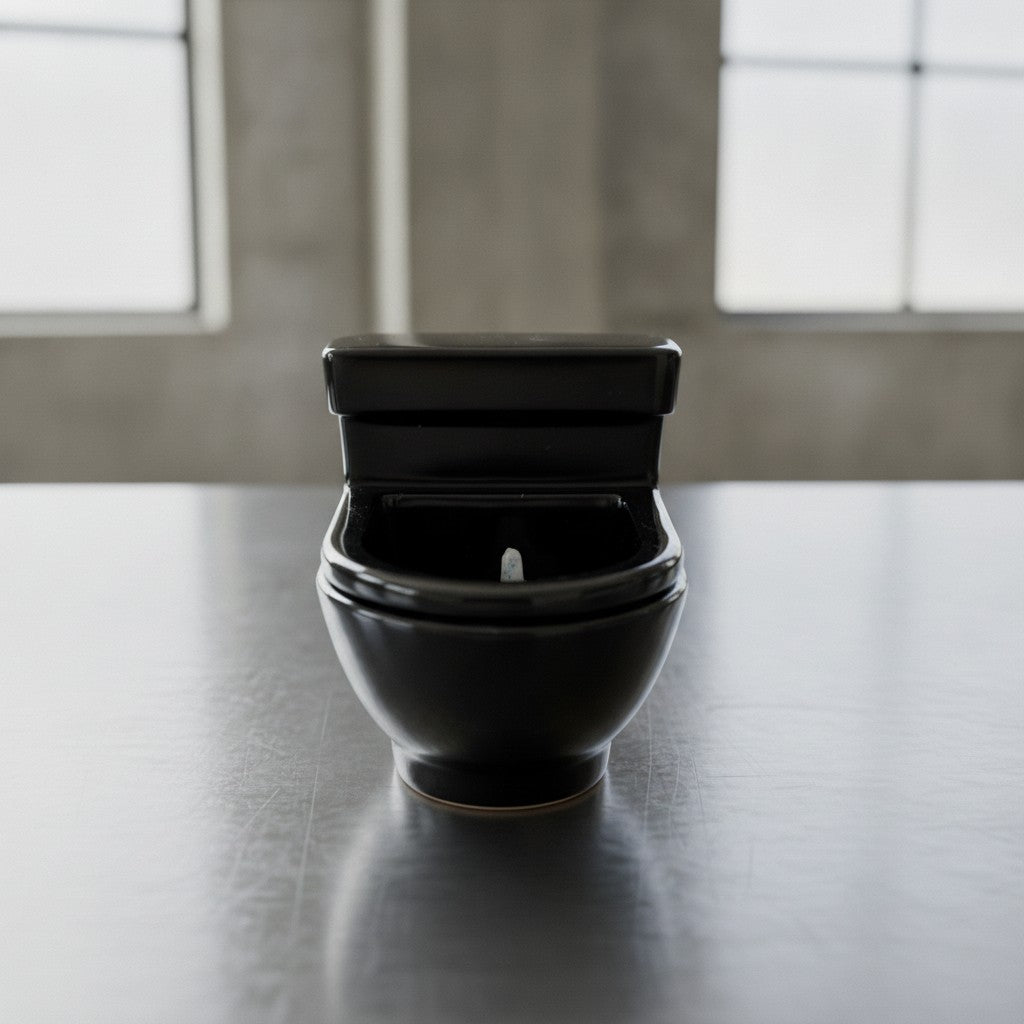 Novelty Toilet Ornaments - A black resin toilet container with a hinged lid and top of a finger pointing upwards, set on a dark reflective tabletop in a minimalist room with concrete walls and window light.