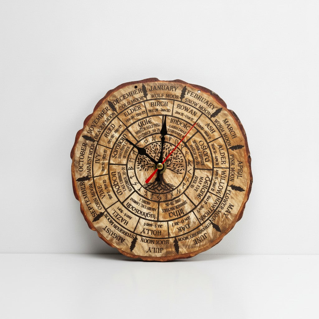 A rustic Celtic Calendar Clock wooden wall clock featuring a calendar of the moon phases and zodiac signs, with black hands and a red second hand, set against a plain white background.