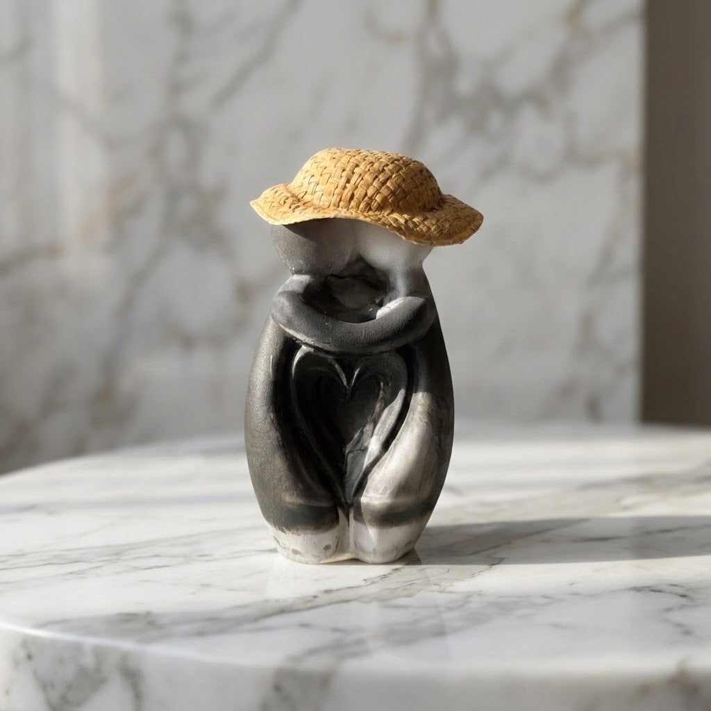 Hugging Couple Figurine - A sculptural decorative figurine of two people embracing in dark grey with a woven straw hat, displayed on a white marble surface against a marble-patterned background.
