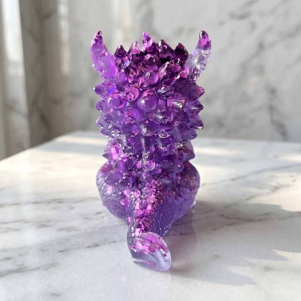 Baby Dragon Figurines - Back view of a  small translucent purple dragon figurine with glittery and faceted crystal-like details, standing on a white marble surface with a softly blurred marble and curtain background.