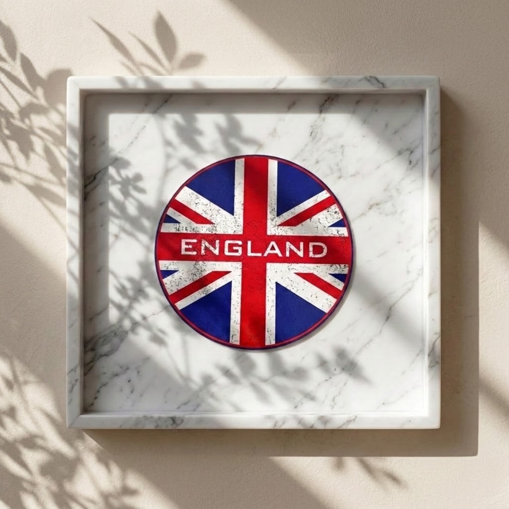 Union Jack Coasters - A circular England Union Jack plaque with a distressed finish, mounted inside a square white marble shadow box frame on a beige wall with leaf shadows.