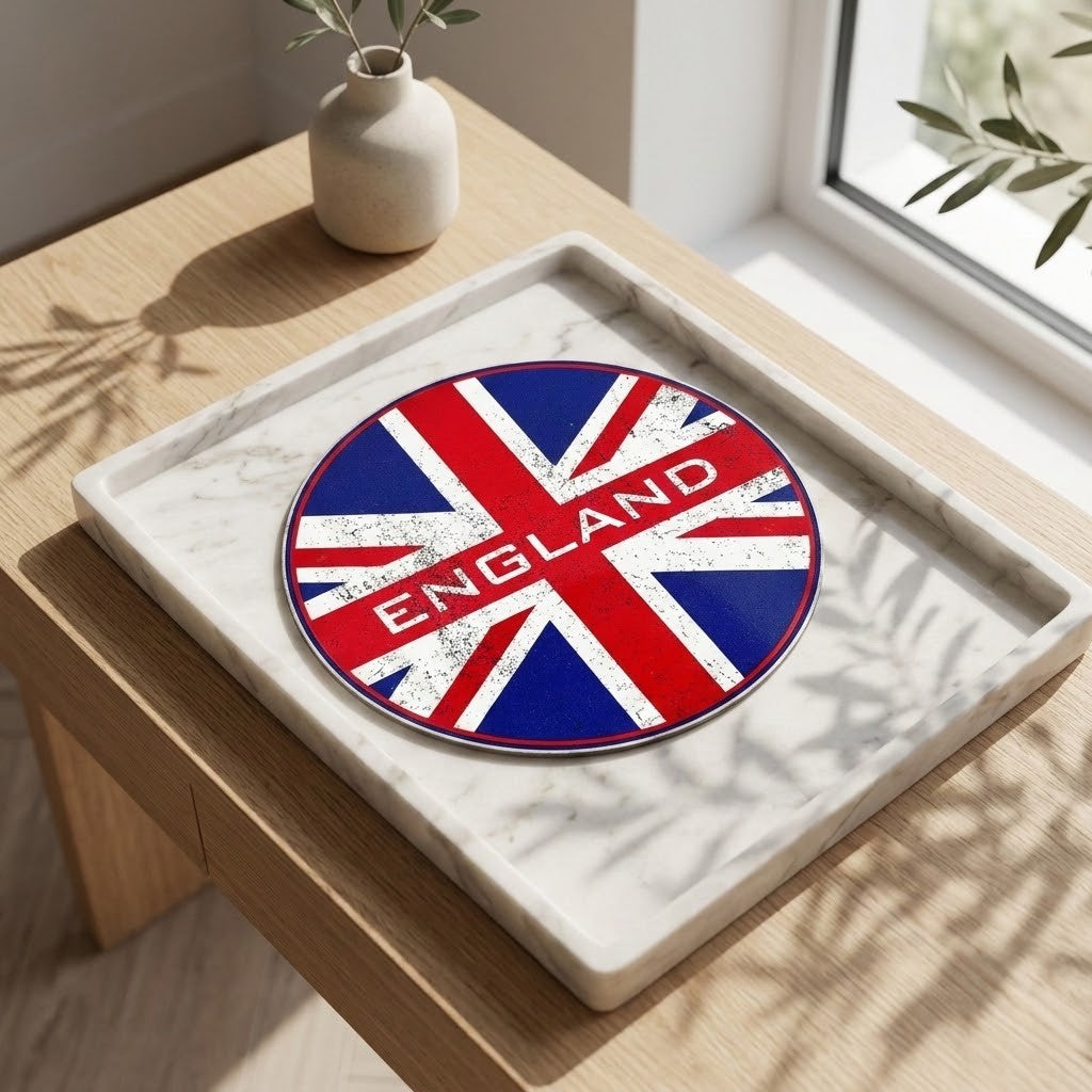Union Jack Coasters - A round coaster featuring a distressed Union Jack design with the word 'ENGLAND' in white across the centre, displayed on a white marble tray on a wooden table near a window.