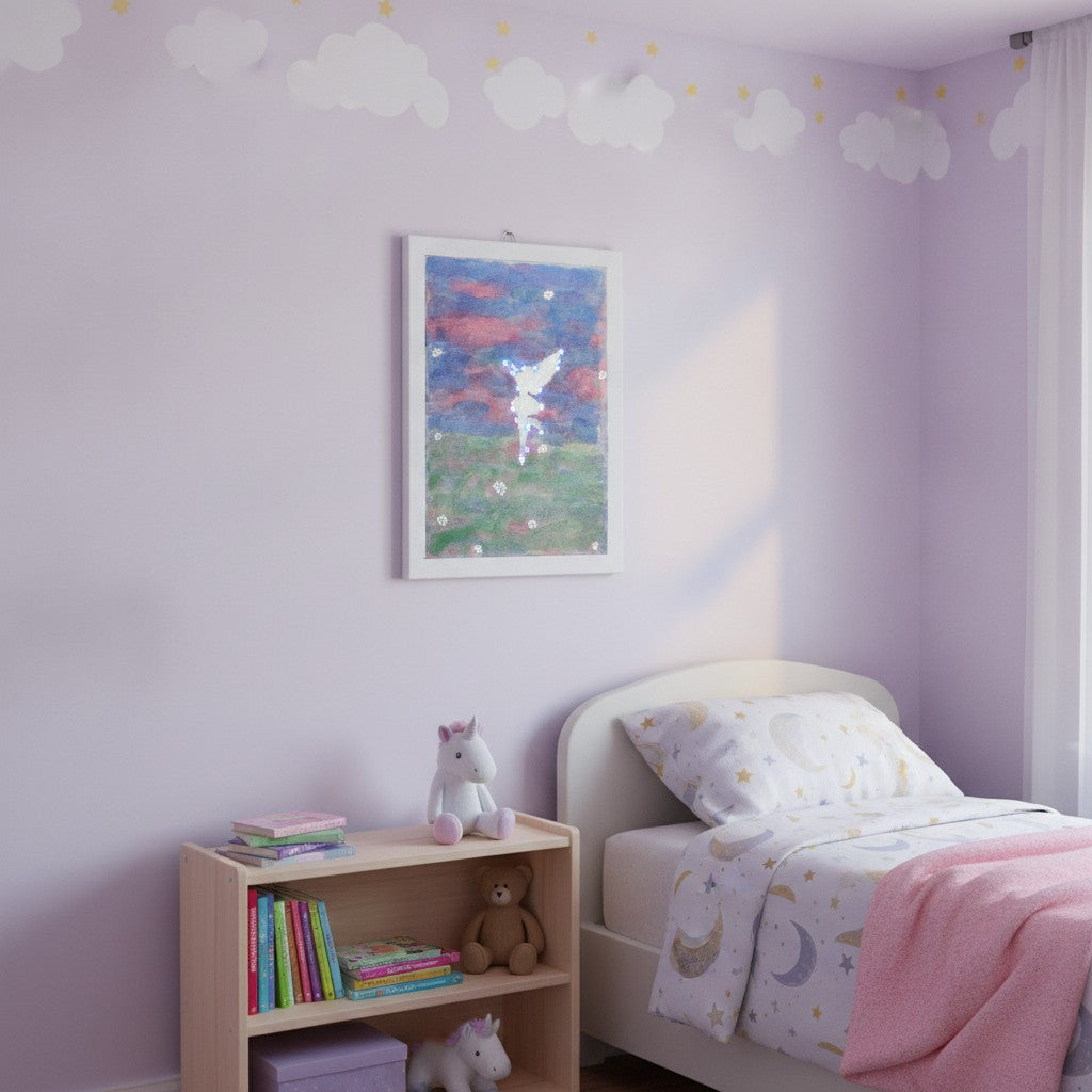 LED Fairy Picture - A children's bedroom corner with a light lavender wall, cloud decals along the ceiling, an unframed led fairy painting, a single bed with white bedding and a pink blanket, a small wooden shelf with books and toys, and a bright window on the right.