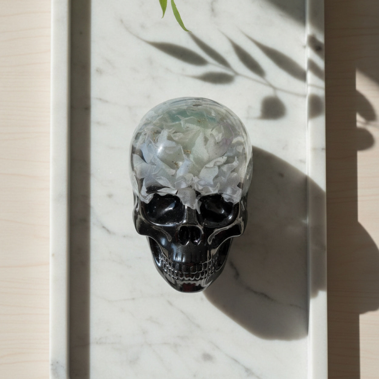 Handmade Black Resin Gothic Flower Skull Figurine
