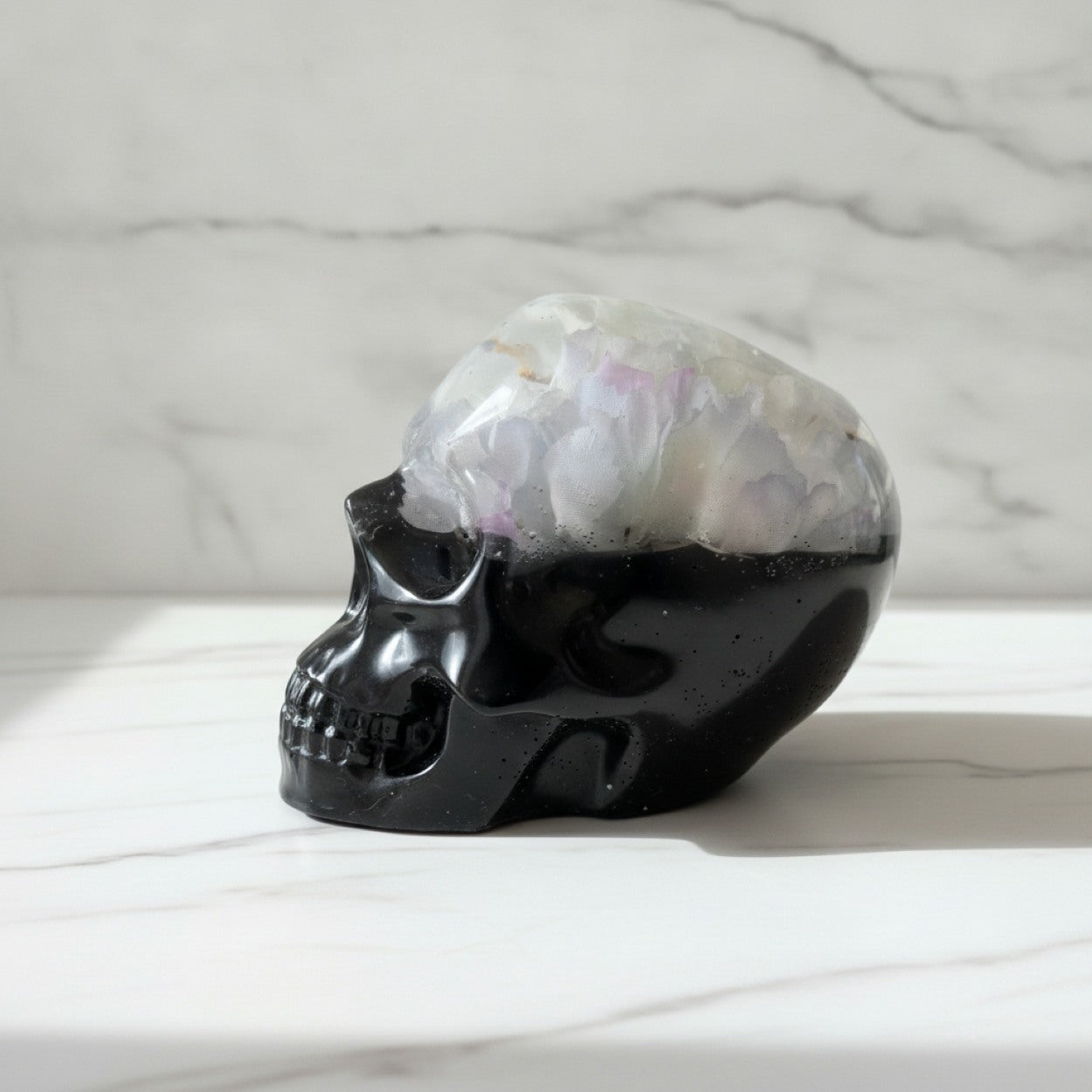 Handmade Black Resin Gothic Flower Skull Figurine