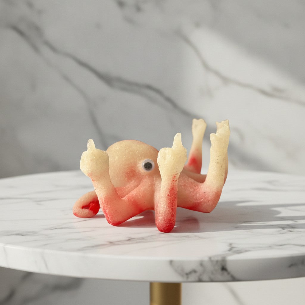 Novelty octopus figurine with pale white skin and red staining, posed with arms and a middle finger pointing upwards, on a white marble table against a marble wall.