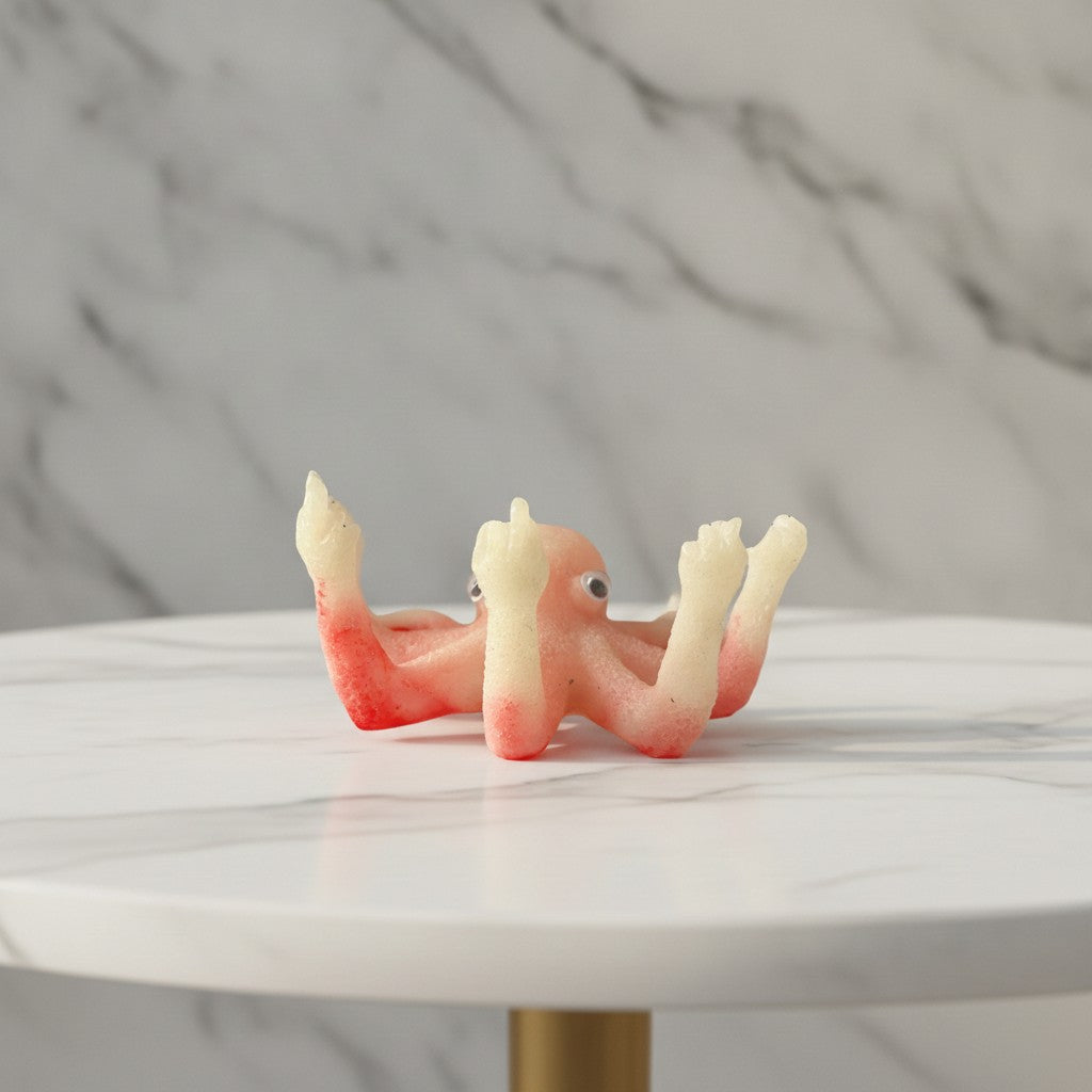 Novelty octopus figurine front view, with pale white skin and red staining and googly eyes, posed with arms and a middle finger pointing upwards, on a white marble table against a marble wall.