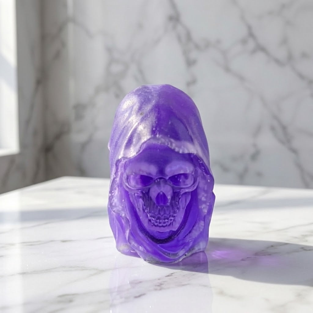 Hooded Skull Figurines - A translucent purple resin skull sculpture with a hooded figure, displayed on a white marble surface against a marble wall background.