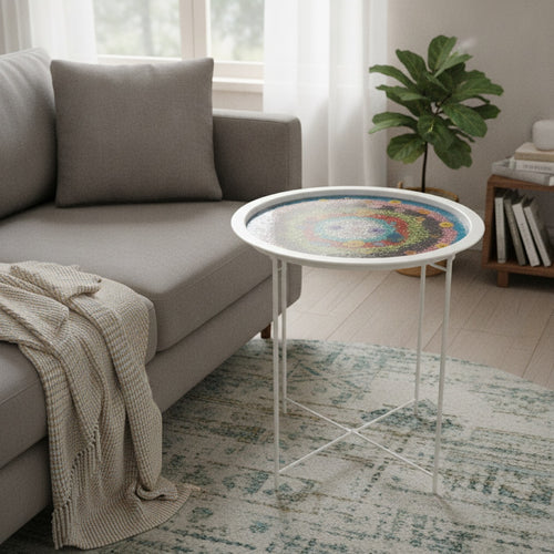 47 cm White Resin Folding Table Handmade Glitter Floral Boho Design