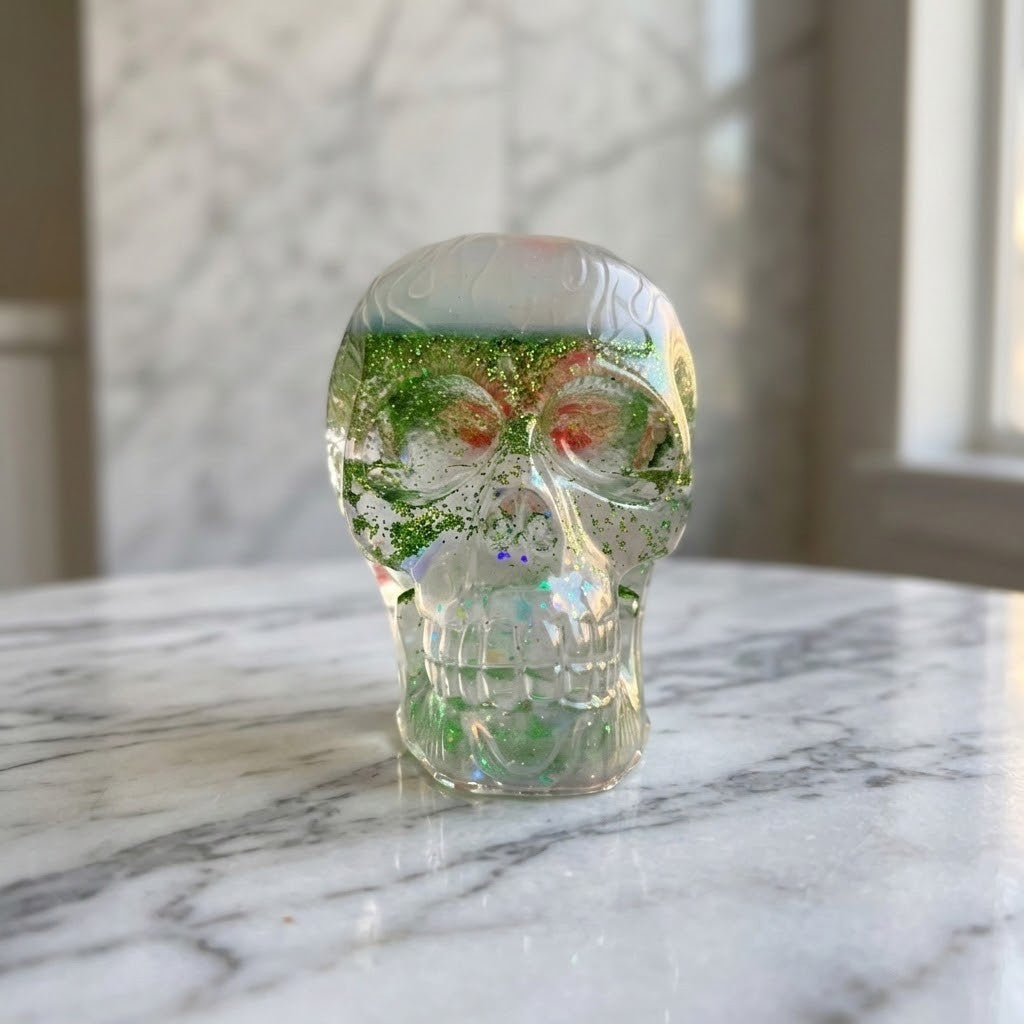 Handmade resin Novelty Shaker Skull figurine with embedded pink water ball and swirling glitter.