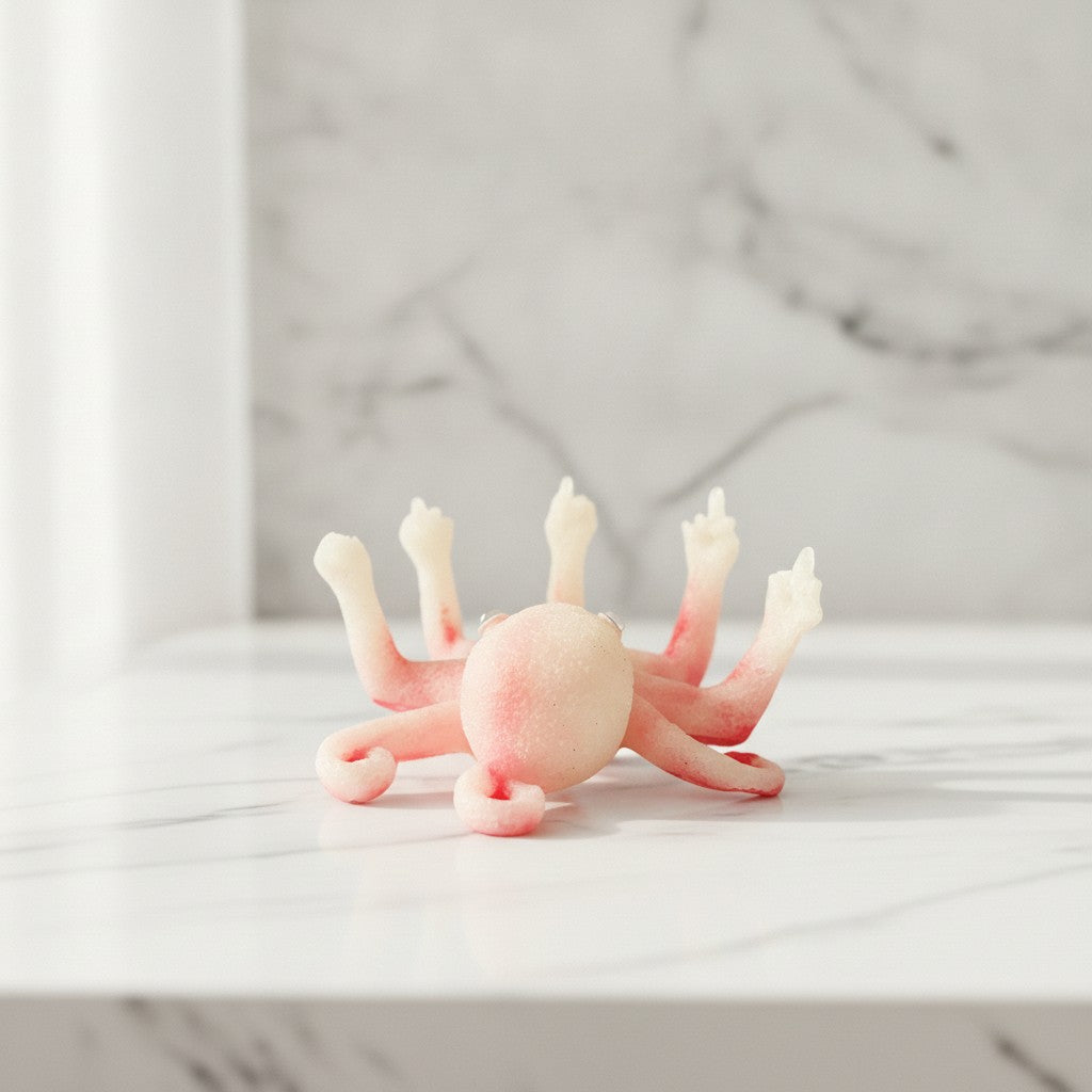 Back view of a Novelty octopus figurine with pale white skin and red staining and googly eyes, posed with arms and a middle finger pointing upwards, on a white marble table against a marble wall.