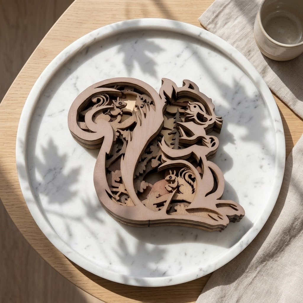 Wooden Squirrel Ornament - A wooden squirrel-shaped decorative object with layered cut-out details, displayed on a round white marble tray on a light wood table. A folded beige cloth and part of a ceramic cup are visible in the background.