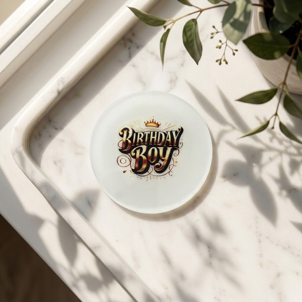 Birthday Boy Coasters - A round white resin coaster with a 3D-style 'Birthday Boy' graphic in gold, brown, and black, resting on a white marble tray with green leaves in the background.