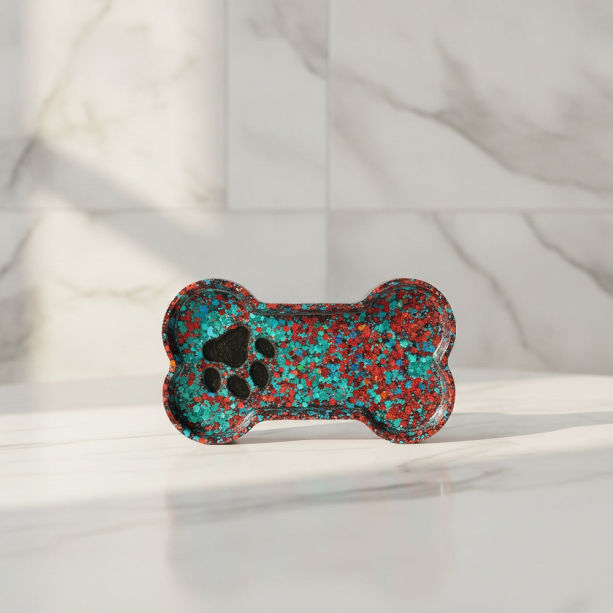 A bone-shaped dog tray filled with red and turquoise glitter, featuring a black paw print cutout, displayed on a white marble surface against a matching marble background.