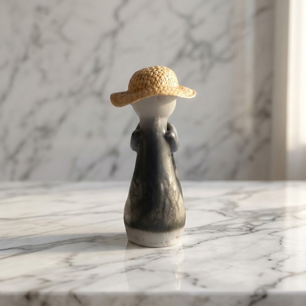 Hugging Couple Figurine - Side view of a small decorative figurine of a person wearing a woven straw hat and a charcoal  coat, standing on a white marble surface with a blurred marble wall background.