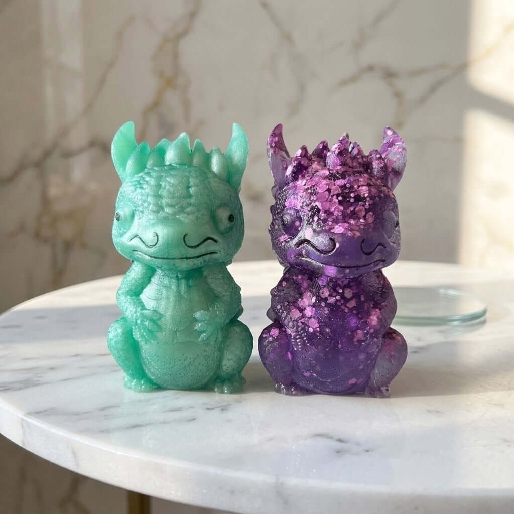 Baby Dragon Figurines - Two small dragon figurines sitting side by side on a white marble table. The left dragon is mint green with a smooth matte finish, and the right dragon is purple with embedded glitter.