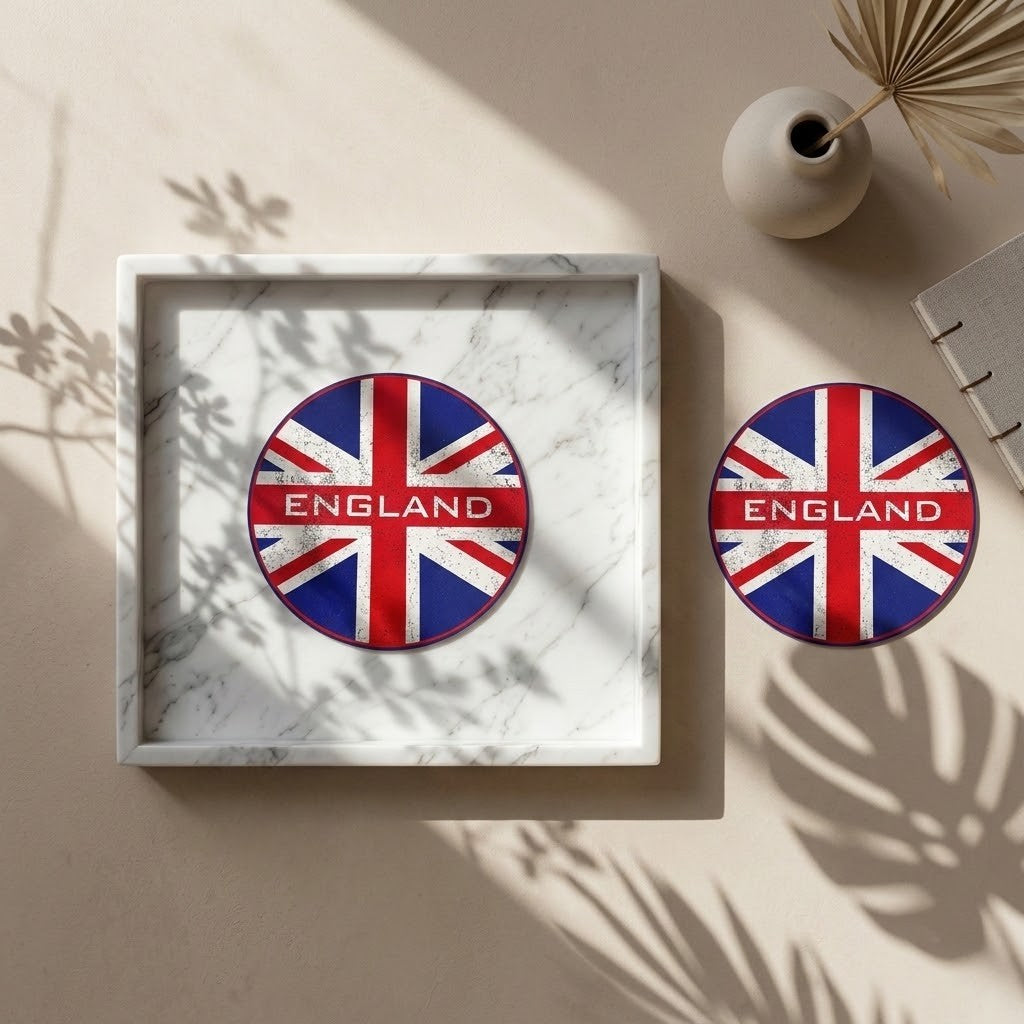 Union Jack Coasters - Two round coasters featuring a distressed Union Jack England design, displayed on a marble tray and a neutral surface with leaf shadows.