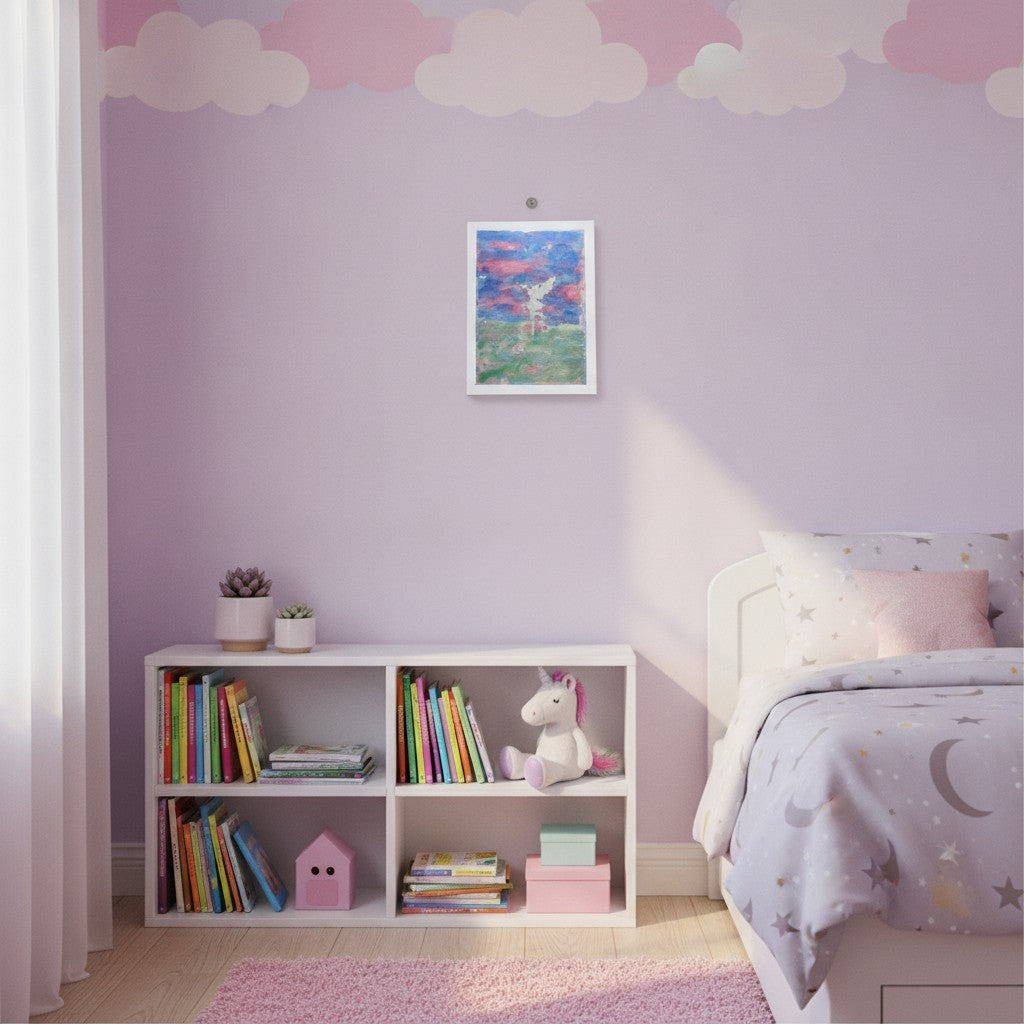 An Led fairy picture canvas, styled children's bedroom corner with a lavender wall, pink cloud decals near the ceiling, a white bookshelf filled with colourful books and toys, and a bed with pastel bedding.