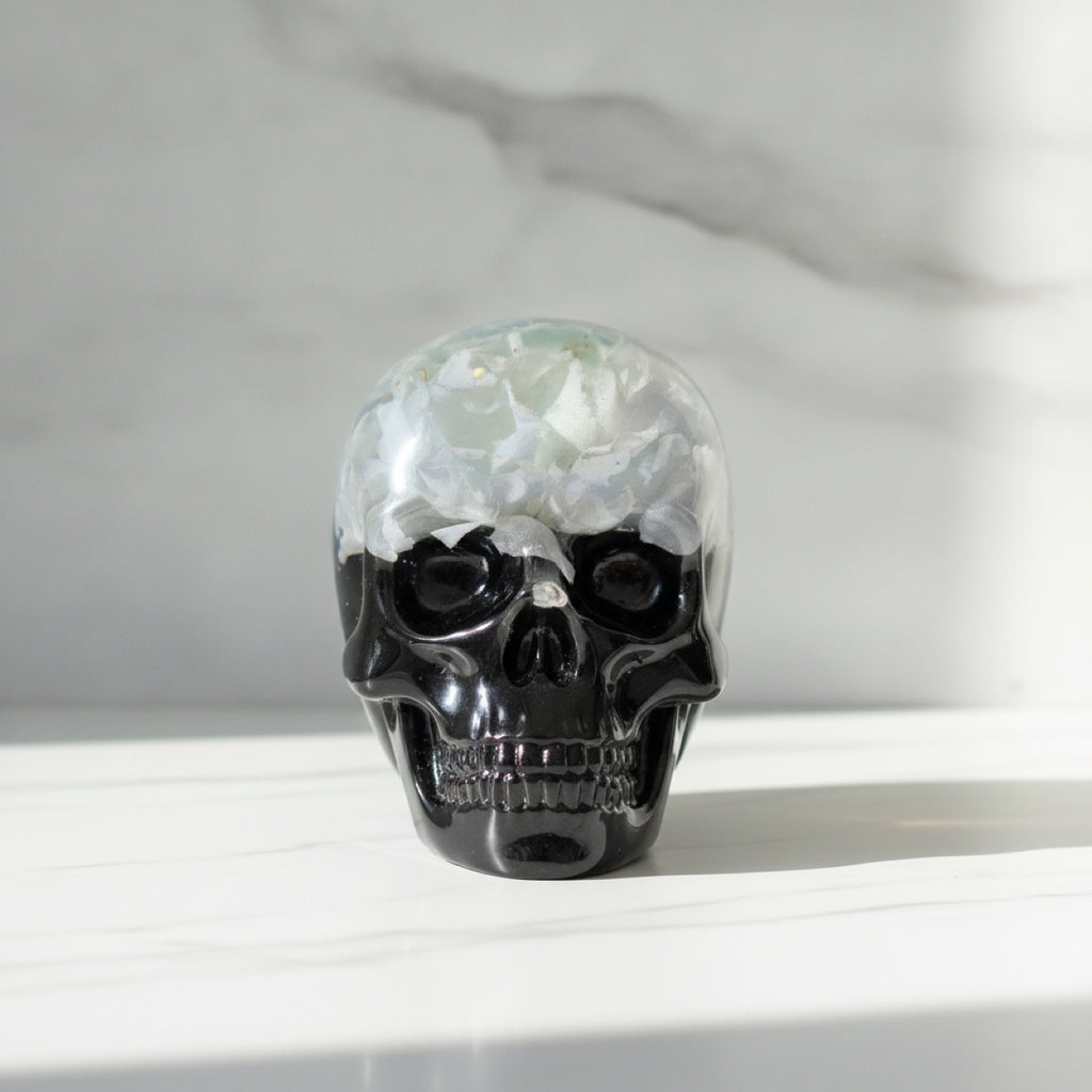 Handmade Black Resin Gothic Flower Skull Figurine