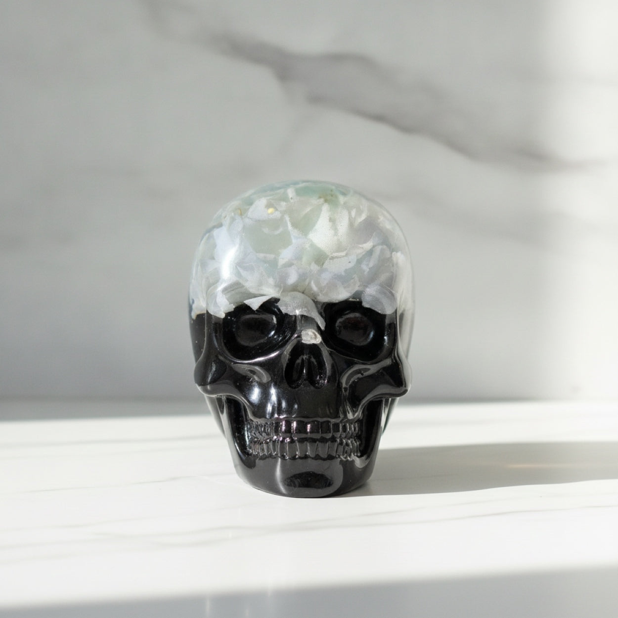 Handmade Black Resin Gothic Flower Skull Figurine