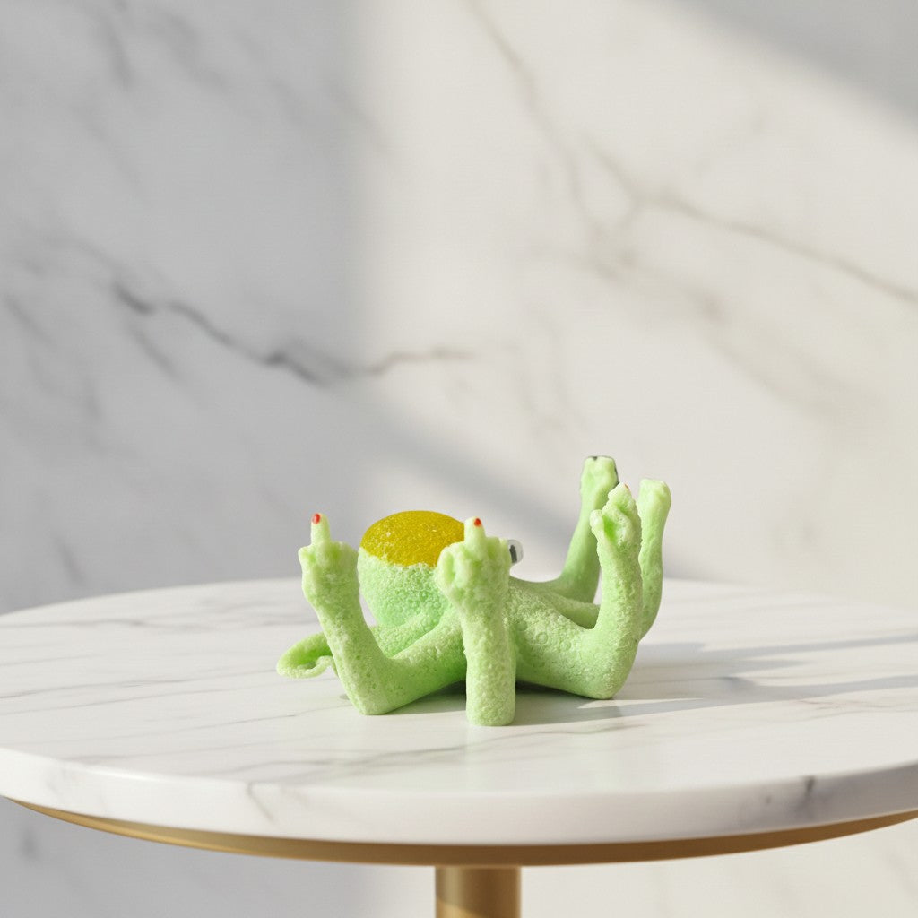 Novelty octopus figurine with light green skin and yellow head with googly eyes, posed with arms and a middle finger pointing upwards, side view on a white marble table against a marble wall.