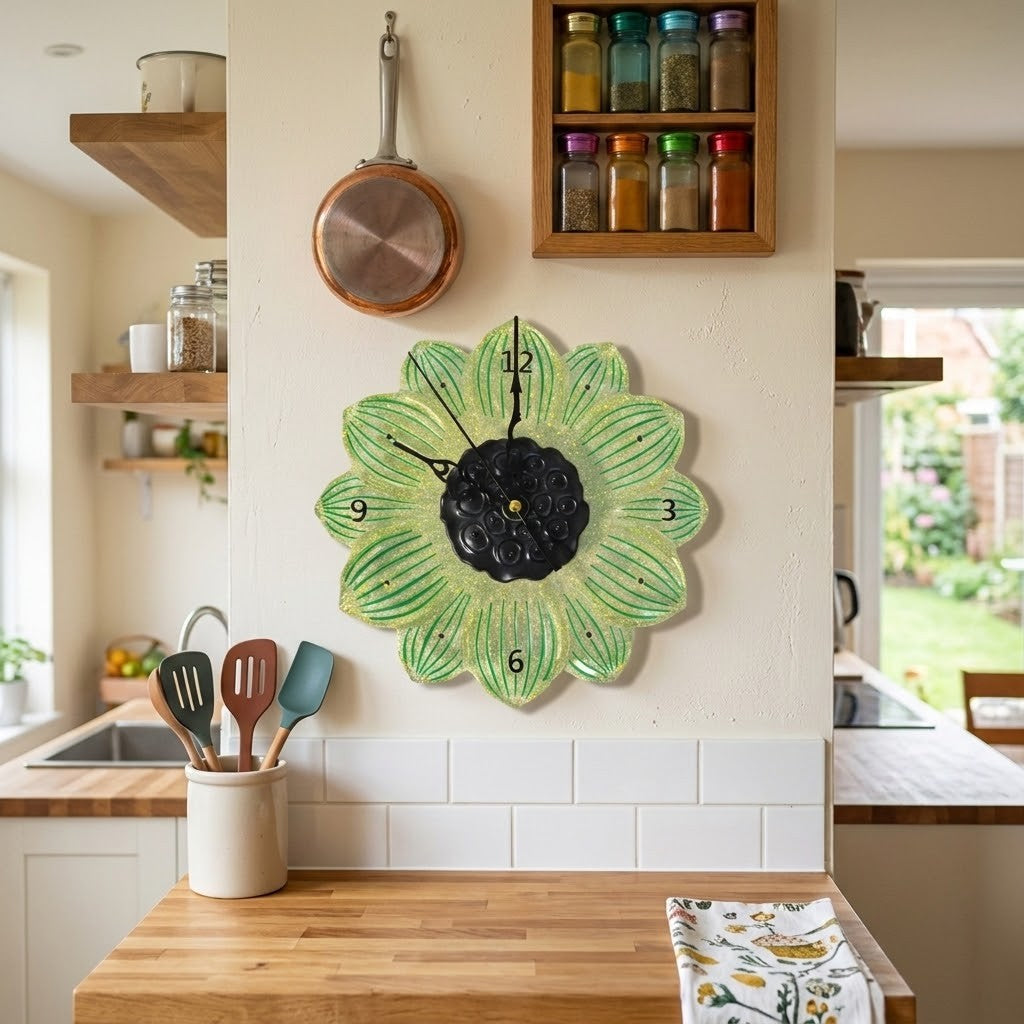 Flower Shaped Clock - A decorative wall clock shaped like a sunflower with green textured petals and a black flower centre, hanging in a real kitchen setting above a wooden countertop.