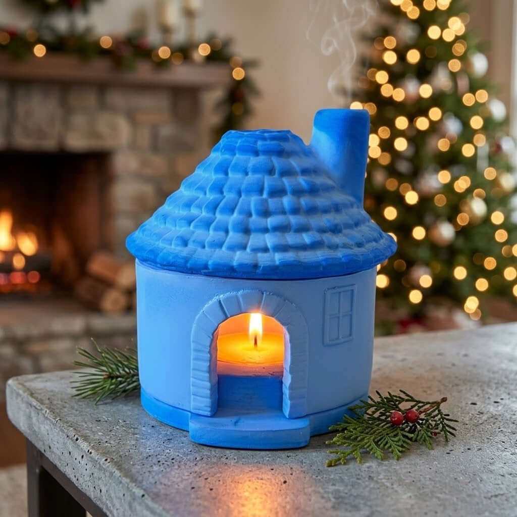 Candle Holder Houses - A small blue house-shaped candle holder with a lit yellow candle inside, placed on a round stone table in front of a cosy fireplace and a blurred Christmas tree.