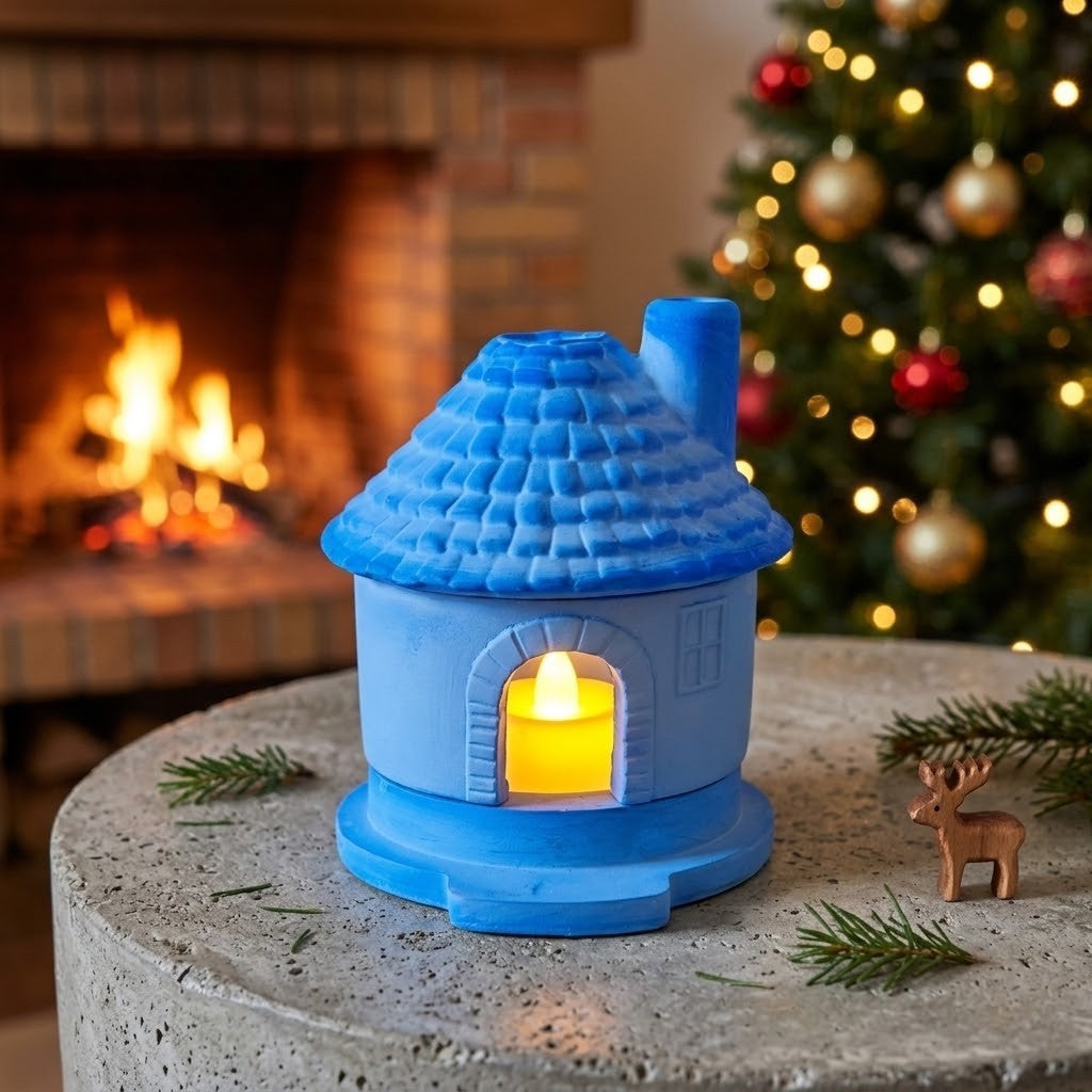Candle Holder Houses - A small blue house-shaped candle holder with a lit yellow candle inside, placed on a round stone table in front of a cosy fireplace and a blurred Christmas tree.