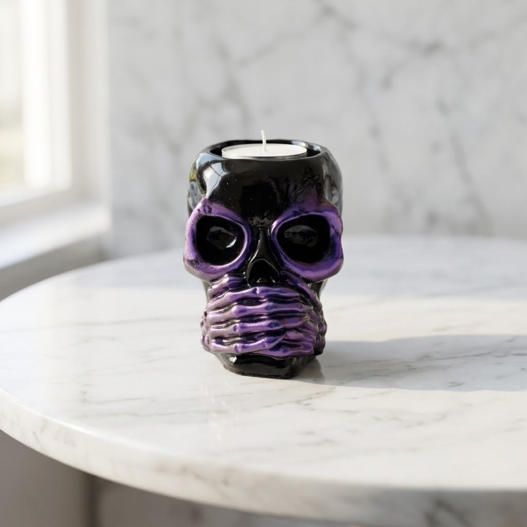Resin Skull Pots - A skull-shaped tealight candle holder with a glossy black finish and vibrant purple accents around the eye sockets and mouth, sitting on a white marble table.