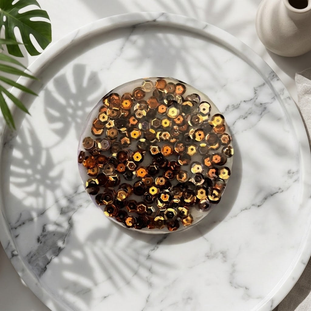 Golden Sequin Coasters - A top-down view of a round coaster filled with small metallic sequins in warm copper, gold, and bronze tones, placed on a white marble tray with leaf shadows cast across it.