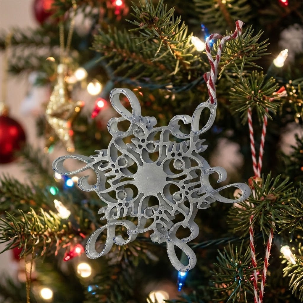 Novelty Christmas Tree Decorations - A silver resin snowflake ornament with intricate cut out details hangs on a decorated Christmas tree with green branches, warm string lights, and other ornaments.