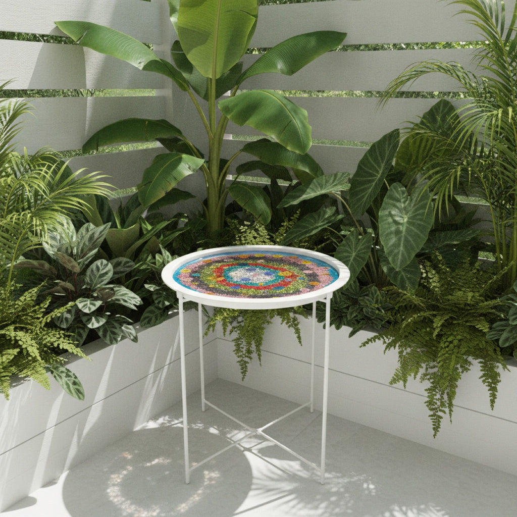 A small round white metal side table with a colorful glitter and flowers top, styled in a lush green outdoor garden corner.