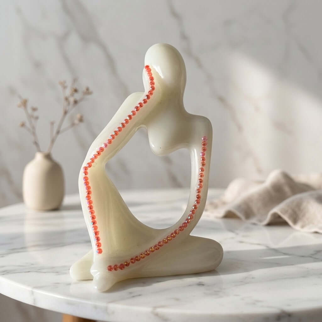 Nordic Resin Thinker Figurine - A modern abstract figurative sculpture of a seated human figure in warm off-white, decorated with a red beaded line running along the spine and arms, displayed on a white marble table.