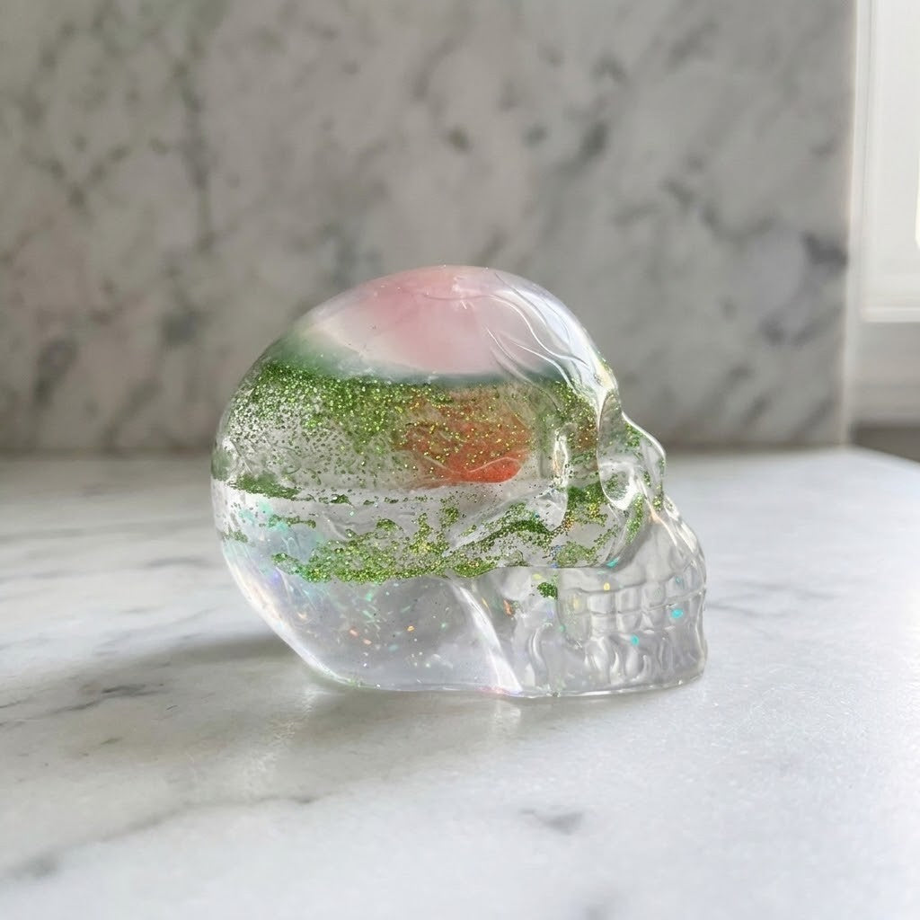 Novelty Shaker Skull figurine made of resin with colorful glitter and a water ball effect, decorative gift idea.