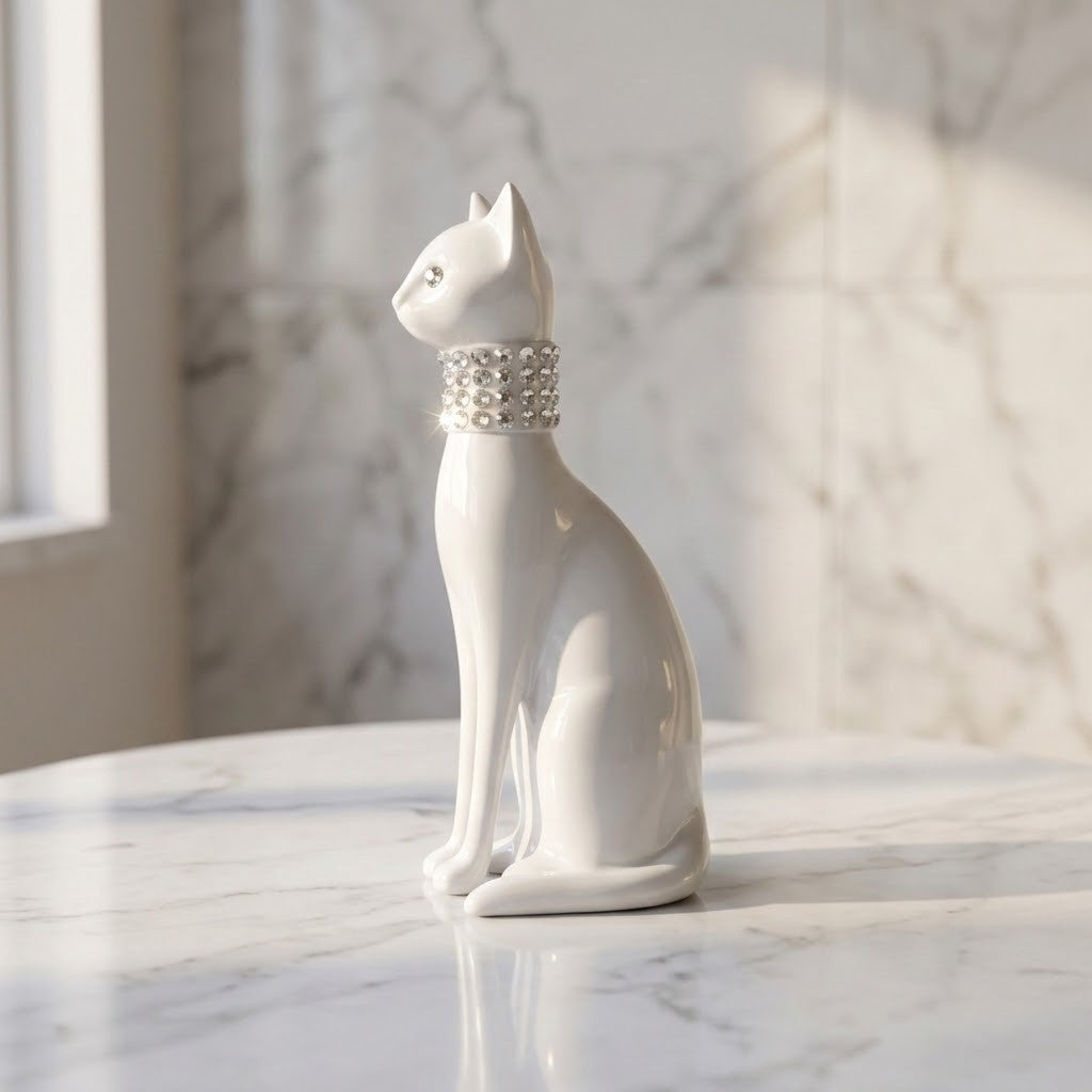 3D Printed Cat Figurine - Side view of a white cat figurine sitting upright on a marble surface, wearing a collar embellished with small clear rhinestones, against a softly blurred marble wall and window light.