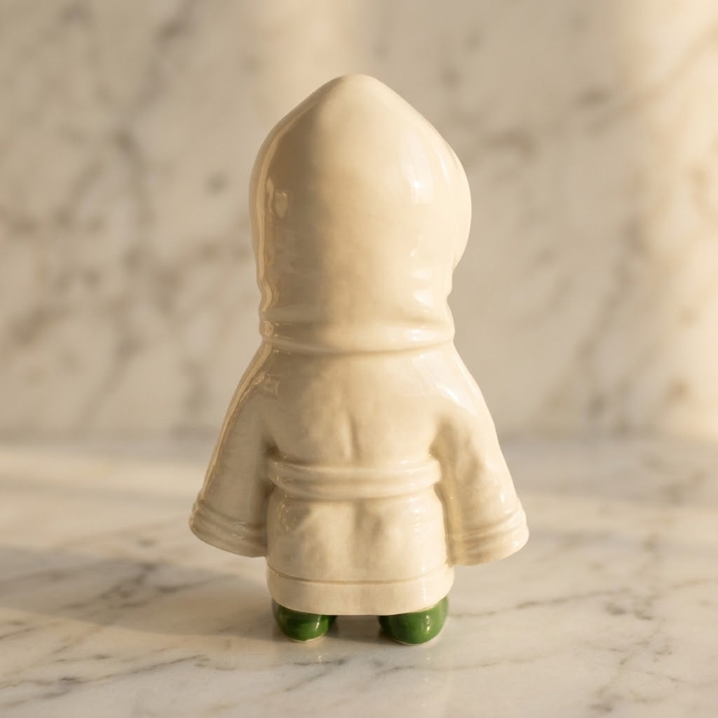 ET Alien Figurine - A small glossy figurine of a hooded character seen from the back, standing on a light marble surface against a softly blurred marble background. The figure is cream-colored with small green feet.