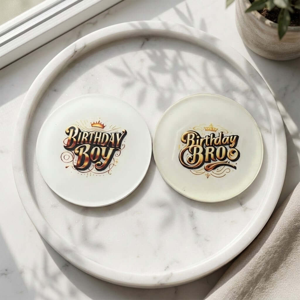 Birthday Boy Coasters - Two round white coasters with decorative 'Birthday Boy' and 'Birthday Bros' text designs, displayed on a white marble tray on a sunlit tabletop.