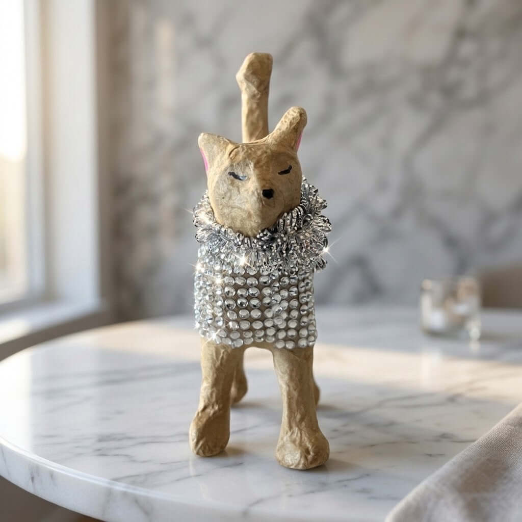 Diamante Cat Figurine - A small sculptural figurine of a cat wearing a silver rhinestone collar, standing on a white marble table in a softly lit interior.