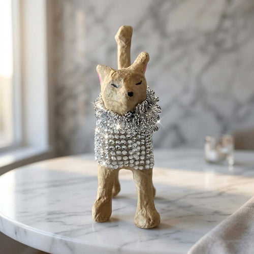 Diamante Cat Figurine - A small sculptural figurine of a cat wearing a silver rhinestone collar, standing on a white marble table in a softly lit interior.
