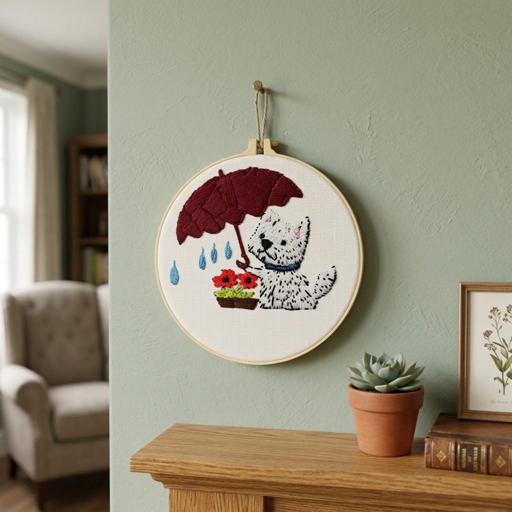 Dog Wall Art - A circular embroidery hoop hanging on a sage green wall above a wooden console table. The embroidery features a white spotted dog under a dark red umbrella with blue raindrops and red flowers.